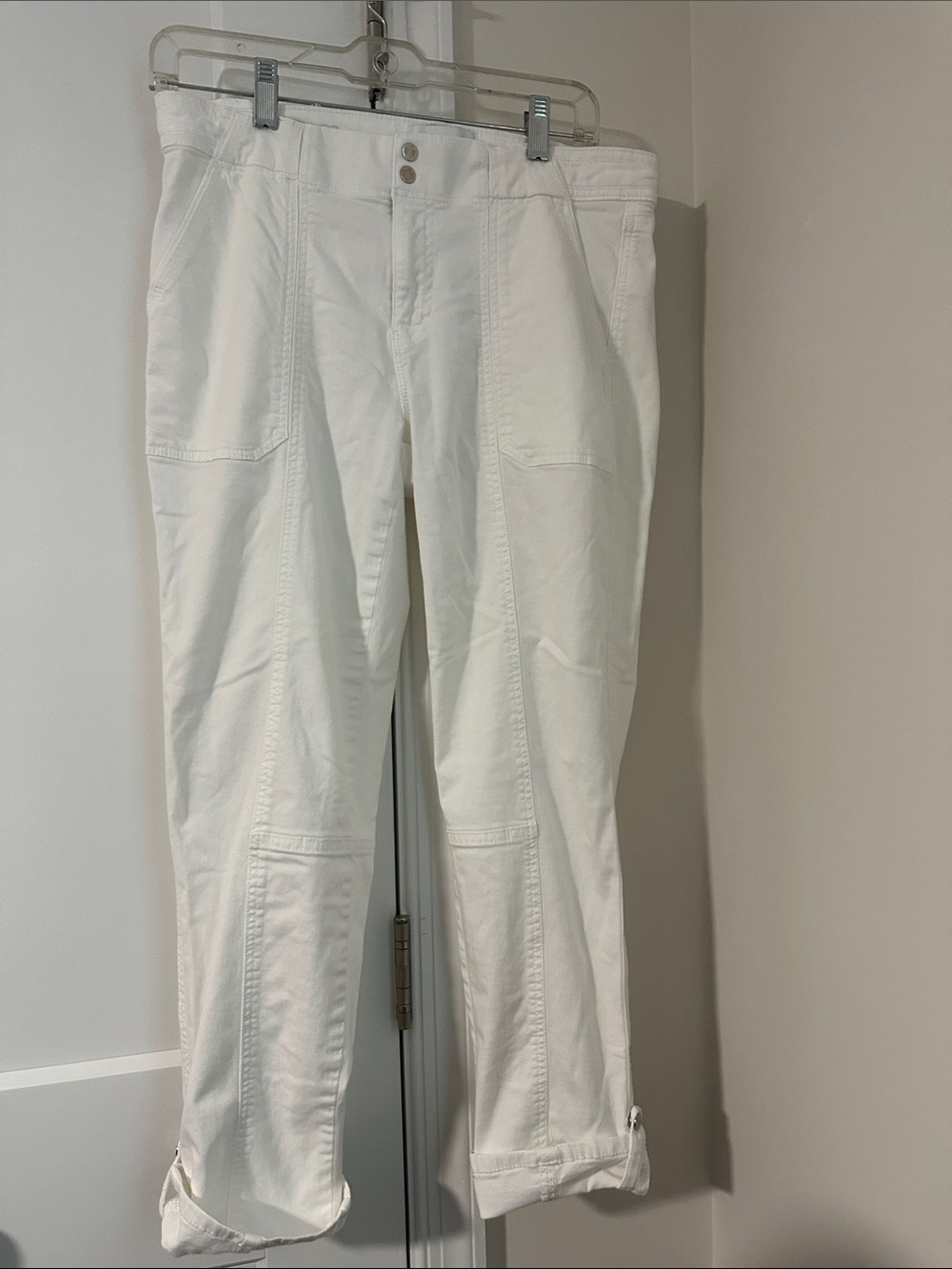 White House Black Market White Cropped Utility Pants with Cuff Tabs
